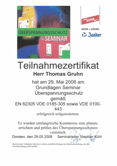 Zertifikat Dehn Überspannungsschutz 29.05.2008