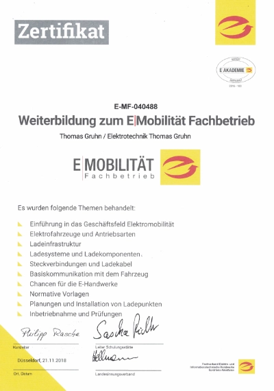 Zertifikat E-Mobilität Fachbetrieb - 21.11.2018