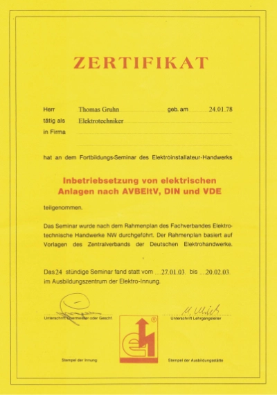 Zertifikat Inbetriebsetzung 20.02.2003