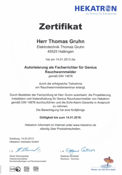 Zertifikat Rauchwarnmelder Hekatron 14.02.2013