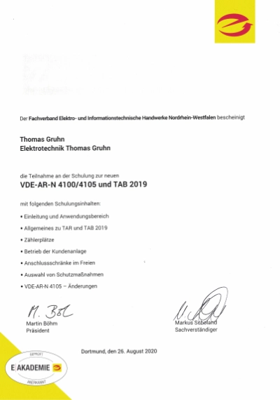Zertifikat VDE-AR-N 41004105 und TAB 2019 vom 26.08.2020