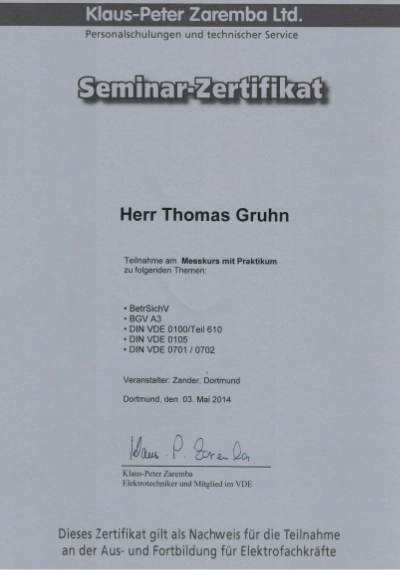 Zertifikat VDE Messkurs 03.05.2014